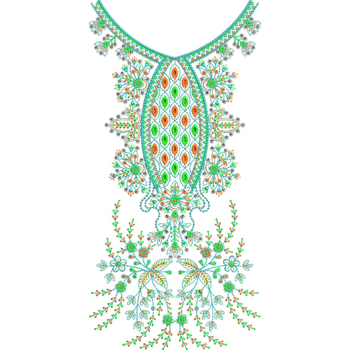 Vibrant Geometric Floral Neckline Embroidery Design with Diamond Motif and Ornamental Vines
