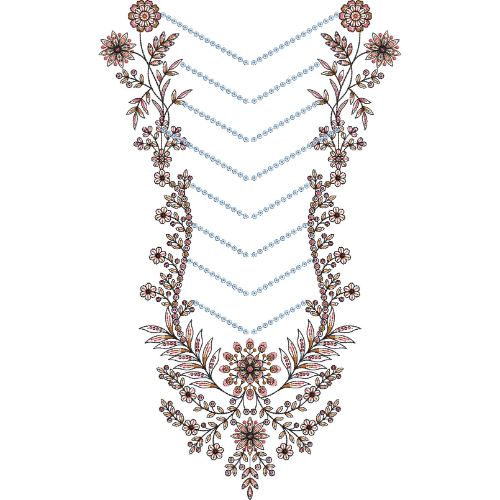 Delicate Floral V-Neckline Embroidery Design with Beaded Chevron Detailing