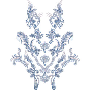 Elegant Baroque Floral Neckline Embroidery Design with Ornamental Paisley and Feather Motifs