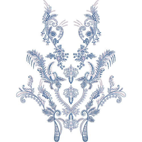 Elegant Baroque Floral Neckline Embroidery Design with Ornamental Paisley and Feather Motifs
