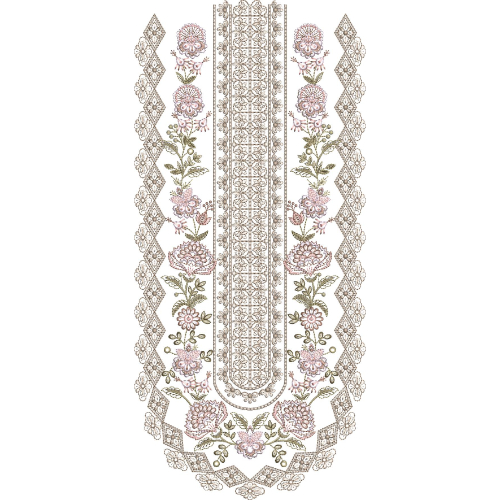 Elegant Floral Vine Neckline Embroidery Design with Diamond Border and Central Panel Detailing