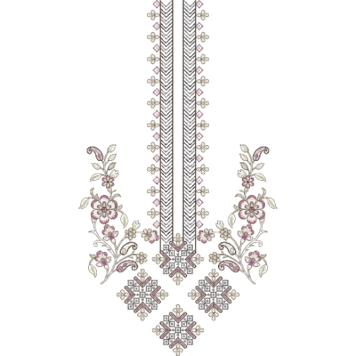 Elegant Linear Floral Neckline Embroidery Design with Chevron Panel and Side Vine Motifs