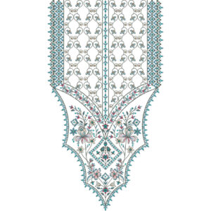 Intricate Floral Geometric Neckline Embroidery Design with Ornamental Panel and Angular Detailing