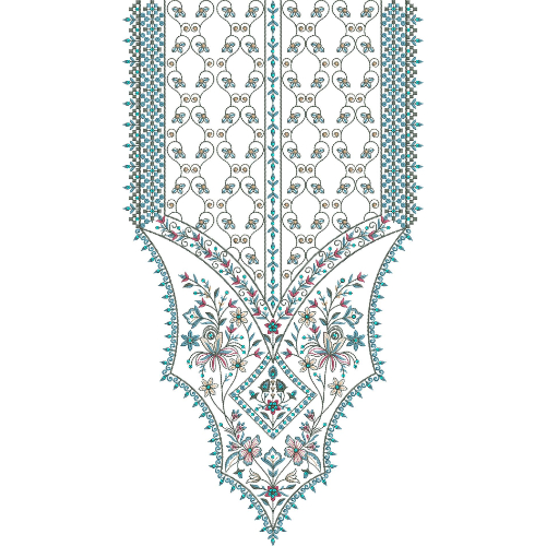 Intricate Floral Geometric Neckline Embroidery Design with Ornamental Panel and Angular Detailing