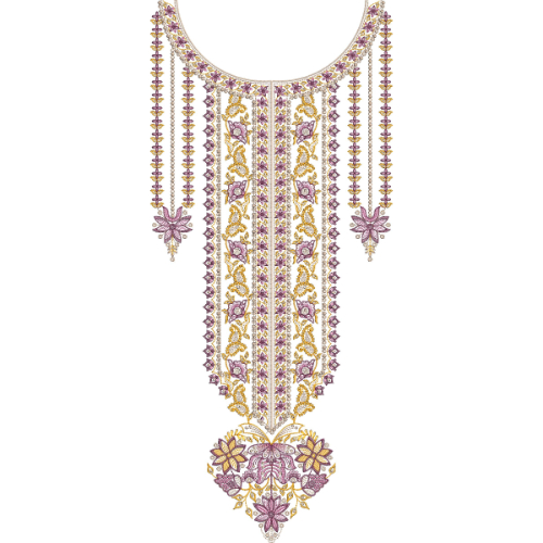 Traditional Ornamental Floral Neckline Embroidery Design with Vertical Panel and Hanging Tassel Detailing
