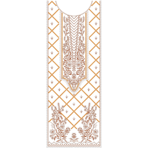 Geometric Floral Neckline Embroidery Design with Diamond Grid and Ornamental Panel Detailing