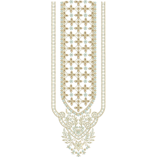 Elegant Floral Repeat Neckline Embroidery Design with Ornamental Border and Drop Motif