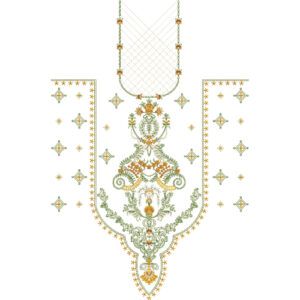 Ornamental Floral Net Neckline Embroidery Design with Baroque Drop Motif