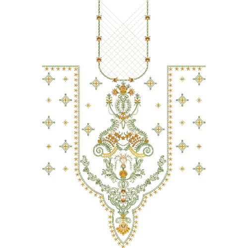Ornamental Floral Net Neckline Embroidery Design with Baroque Drop Motif