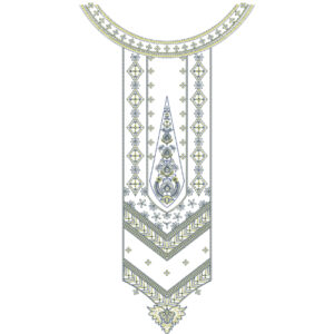 Elegant Geometric Floral Neckline Embroidery Design with Chevron Layers and Central Paisley Motif