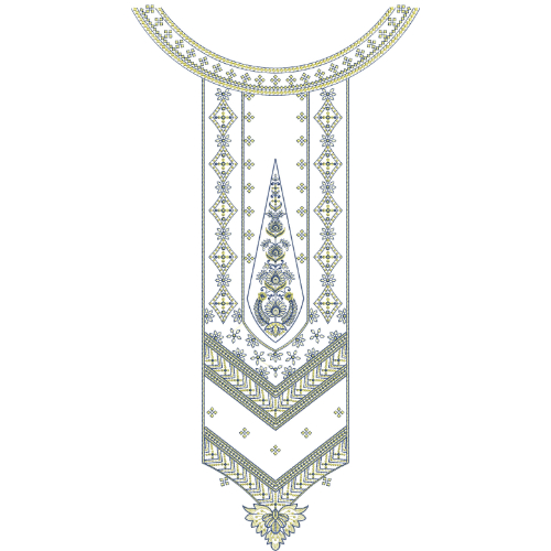 Elegant Geometric Floral Neckline Embroidery Design with Chevron Layers and Central Paisley Motif