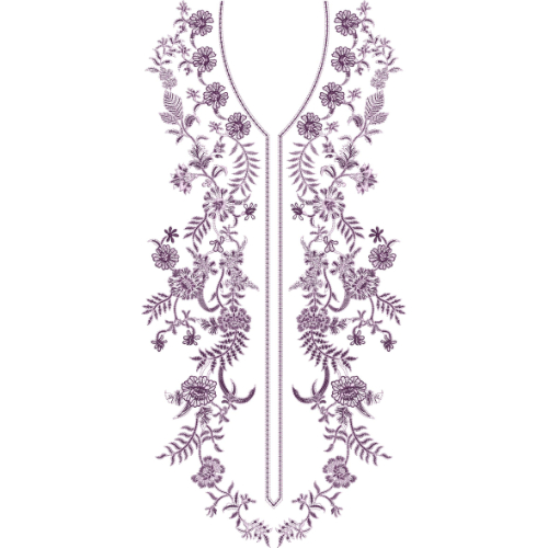 Elegant Floral Vine V-Neckline Embroidery Design with Symmetrical Botanical Detailing