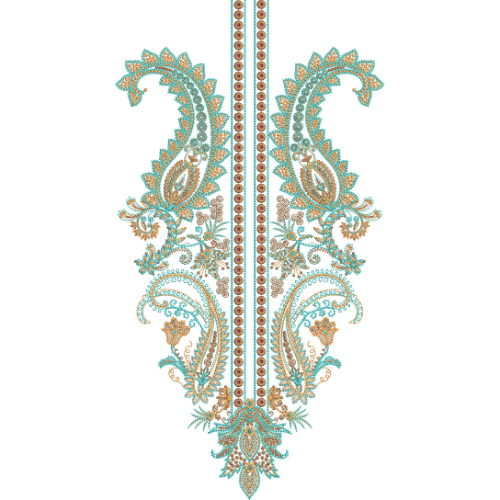 Elegant Paisley Floral Neckline Embroidery Design with Beaded Center Panel