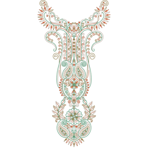 Ornamental Paisley Floral Neckline Embroidery Design with Curved Scroll Detailing