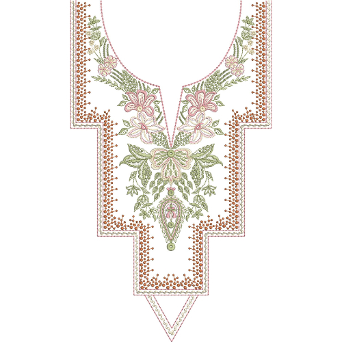 Elegant Floral Geometric Neckline Embroidery Design with Stepped Border and Central Motif