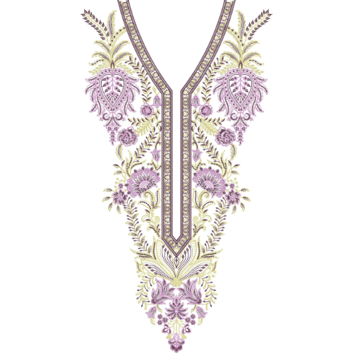 Elegant Paisley Floral V-Neckline Embroidery Design with Ornamental Detailing