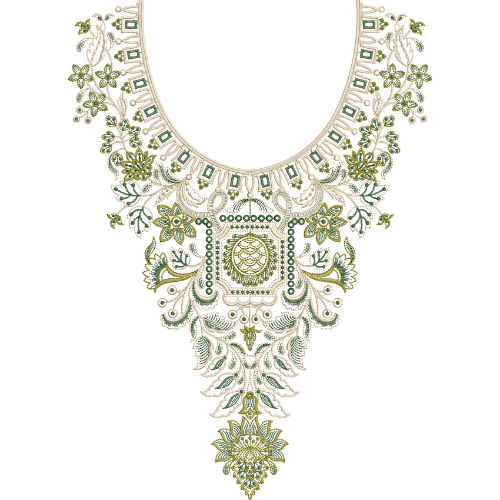 Ornate Floral Neckline Embroidery Design with Decorative Panel and Hanging Motif