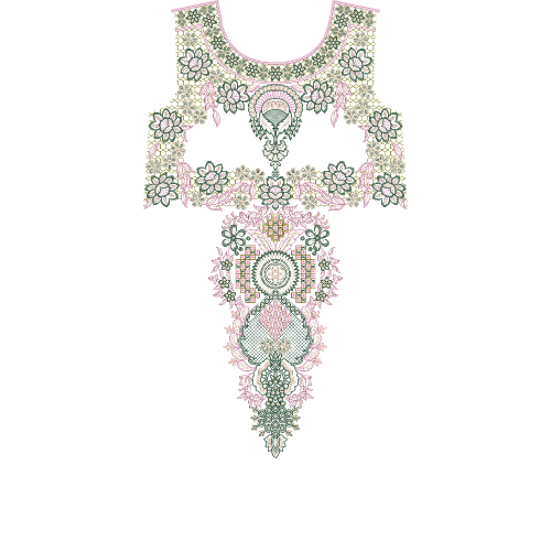 Intricate Floral Yoke Neckline Embroidery Design with Ornamental Drop Panel