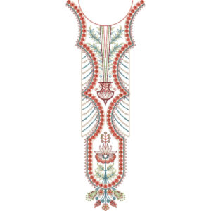 Decorative Floral Panel Neckline Embroidery Design with Beaded Border and Curved Frame