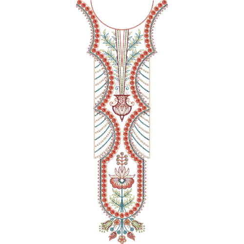 Decorative Floral Panel Neckline Embroidery Design with Beaded Border and Curved Frame