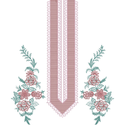 Elegant Lace Panel Neckline Embroidery Design with Side Floral Bouquet Motifs