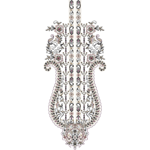 Intricate Baroque Floral Neckline Embroidery Design with Ornamental Paisley and Scroll Detailing