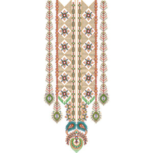Traditional Geometric Floral Neckline Embroidery Design with Diamond Motifs and Hanging Ornaments