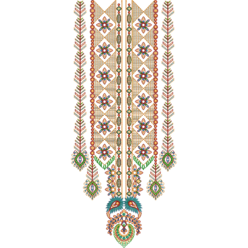 Traditional Geometric Floral Neckline Embroidery Design with Diamond Motifs and Hanging Ornaments