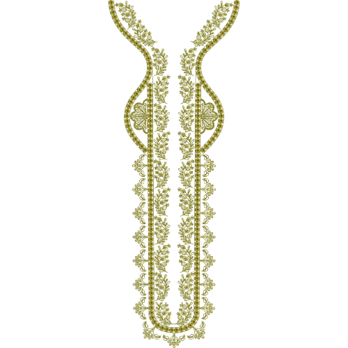 Elegant Curved Floral Neckline Embroidery Design with Beaded Border and Symmetrical Vines