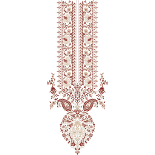 Traditional Paisley Floral Neckline Embroidery Design with Ornamental Panel and Drop Motif