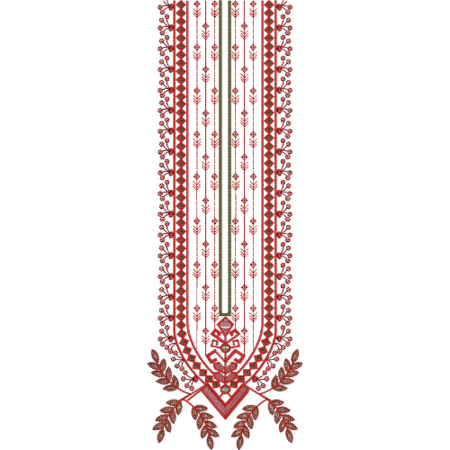 Traditional Geometric Neckline Embroidery Design with Folk Motifs and Linear Detailing