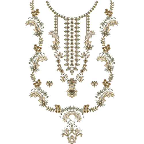 Elegant Floral Neckline Embroidery Design with Central Panel and Surrounding Vine Frame