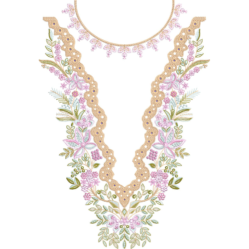Elegant Floral Lace V-Neckline Embroidery Design with Scalloped Border