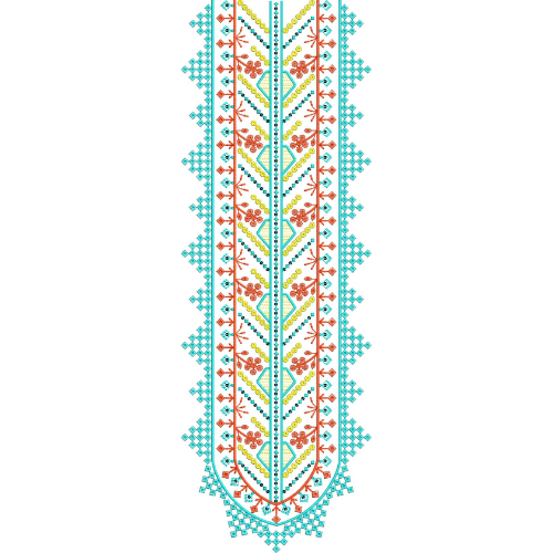 Colorful Geometric Floral Neckline Embroidery Design with Chevron and Diamond Detailing