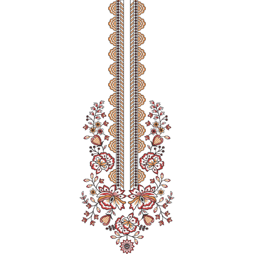 Floral Vine Neckline Embroidery Design with Scalloped Panel and Ornamental Base