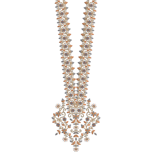 Elegant Floral V-Neckline Embroidery Design with Beaded Border and Ornamental Vine Motifs