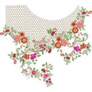 Ornate Floral Vine Neckline Embroidery with Honeycomb Net Fill and Elegant Drop Motif