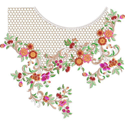 Ornate Floral Vine Neckline Embroidery with Honeycomb Net Fill and Elegant Drop Motif