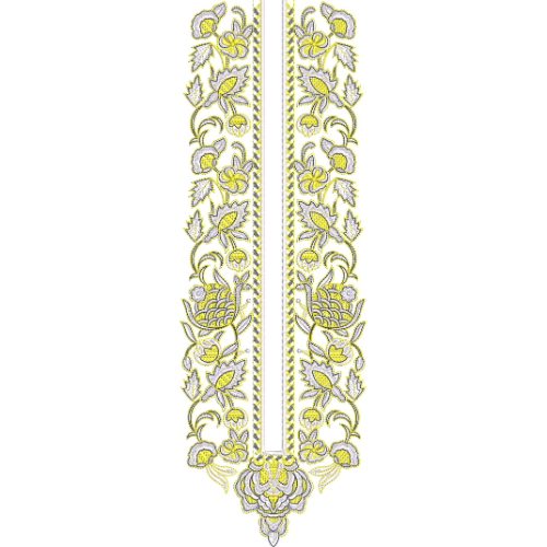 Elegant Floral Neckline Embroidery Design with Symmetrical Vine Borders and Central Panel Detailing