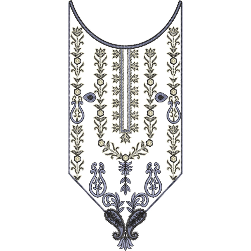 Elegant Mughal-Inspired Neckline Embroidery Design with Vertical Floral Panels and Ornamental Paisley Accents