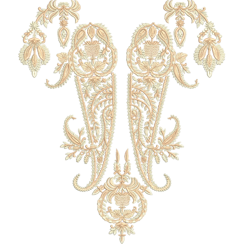 Royal Paisley Neckline Embroidery Design with Ornamental Floral Detailing and Symmetrical Mughal Style