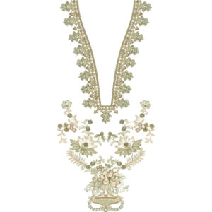 Elegant Floral V-Neckline Embroidery Design with Delicate Border and Ornamental Central Bouquet