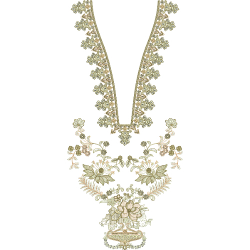 Elegant Floral V-Neckline Embroidery Design with Delicate Border and Ornamental Central Bouquet