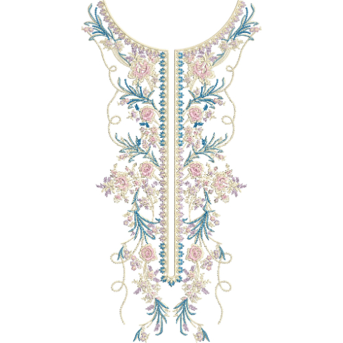 Elegant Floral Slit Neckline Embroidery Design with Pastel Roses and Symmetrical Vine Detailing