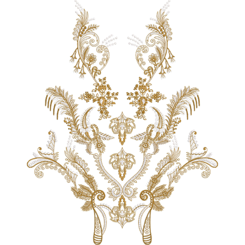 Luxury Ornamental Neckline Embroidery Design with Paisley Swirls and Symmetrical Baroque Detailing