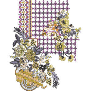 Asymmetrical Floral Neckline Embroidery Design with Geometric Net Pattern and Decorative Border