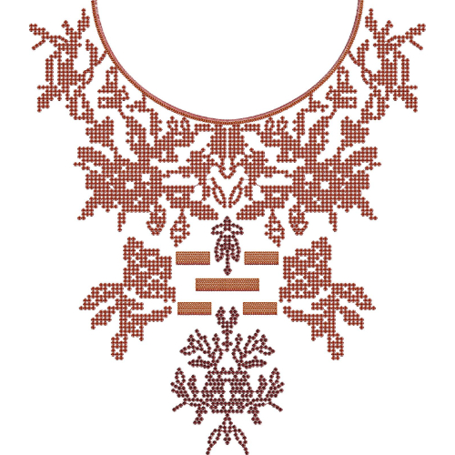 Geometric Cross-Stitch Style Neckline Embroidery Design with Symmetrical Folk Motifs