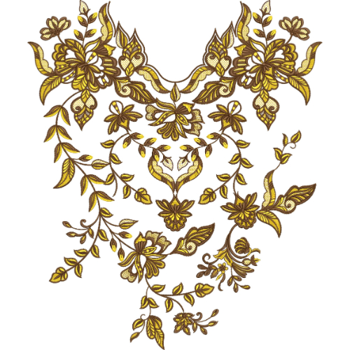 Elegant Floral Neckline Embroidery Design with Flowing Vines and Symmetrical Drop Motif