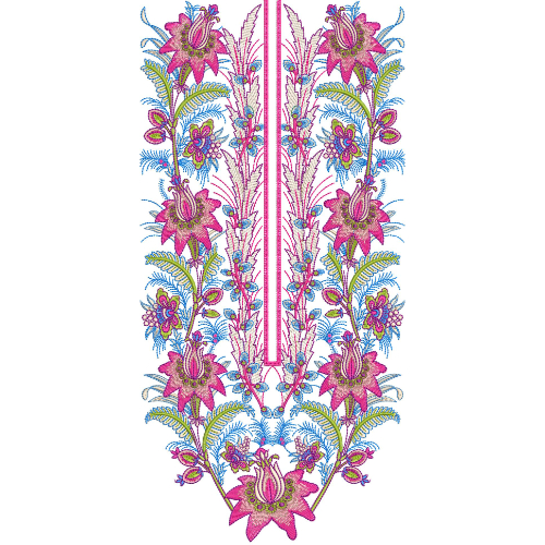Vibrant Floral Slit Neckline Embroidery Design with Bold Pink Blossoms and Symmetrical Vine Arrangement