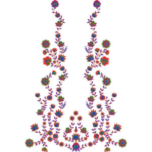 Colorful Floral Neckline Embroidery Design with Vertical Vine Layout and Symmetrical Multicolor Motifs